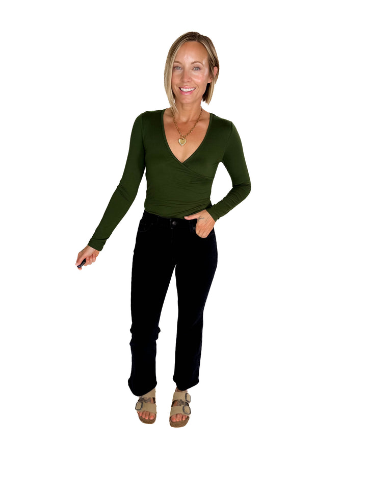 Nicole Surplice Long Sleeve Bodysuit- FOREST GREEN-FINAL SALE