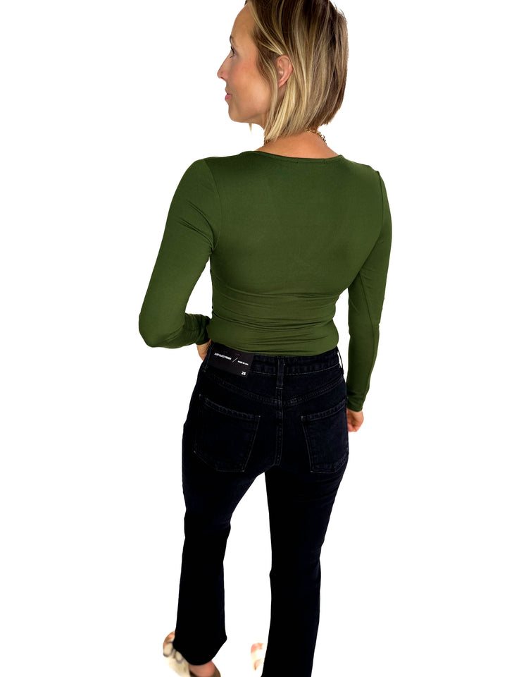 Nicole Surplice Long Sleeve Bodysuit- FOREST GREEN-FINAL SALE