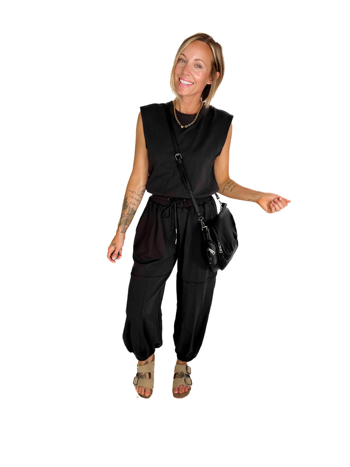 Lisa Drawstring Waist Knit Active Jumpsuit- ASH-FINAL SALE