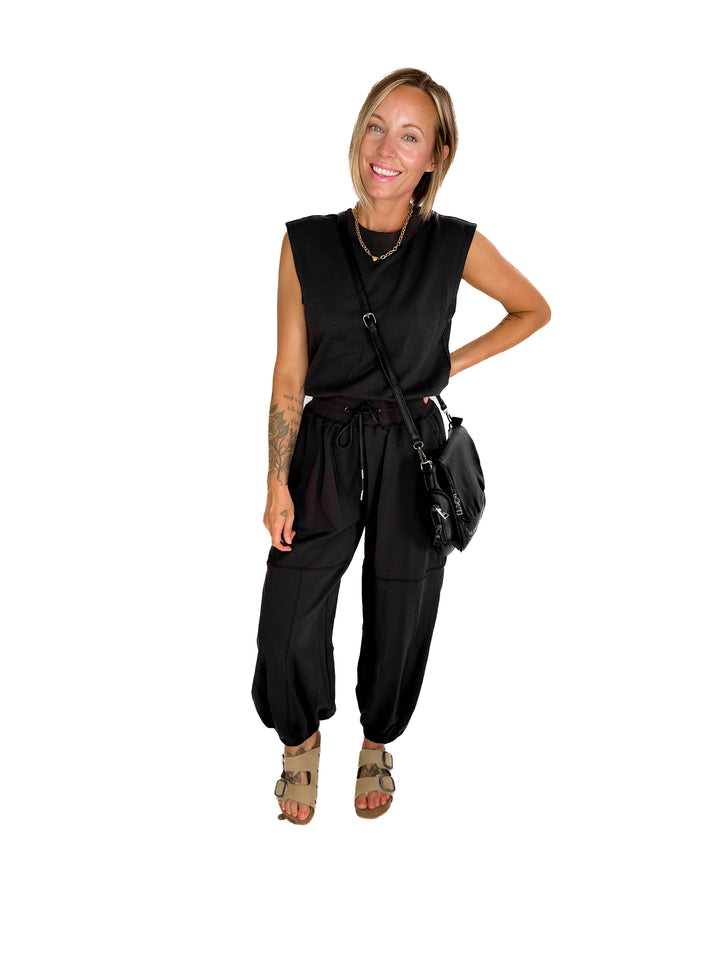 Lisa Drawstring Waist Knit Active Jumpsuit- ASH-FINAL SALE