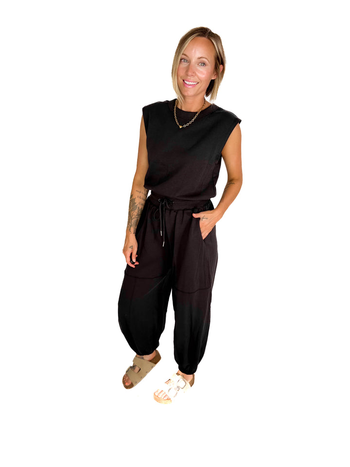 Lisa Drawstring Waist Knit Active Jumpsuit- ASH-FINAL SALE