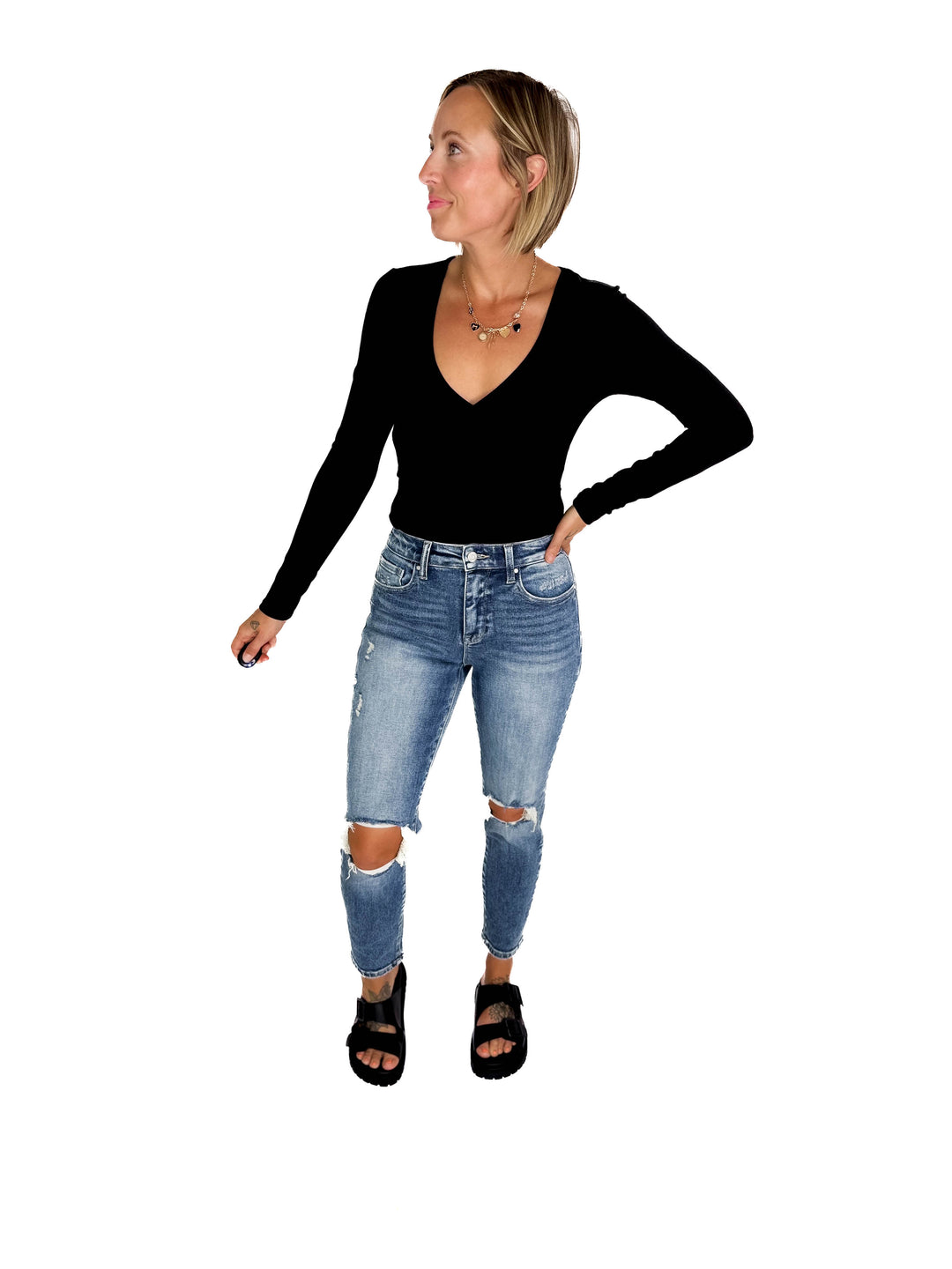 Nicole Surplice Long Sleeve Bodysuit- BLACK-FINAL SALE