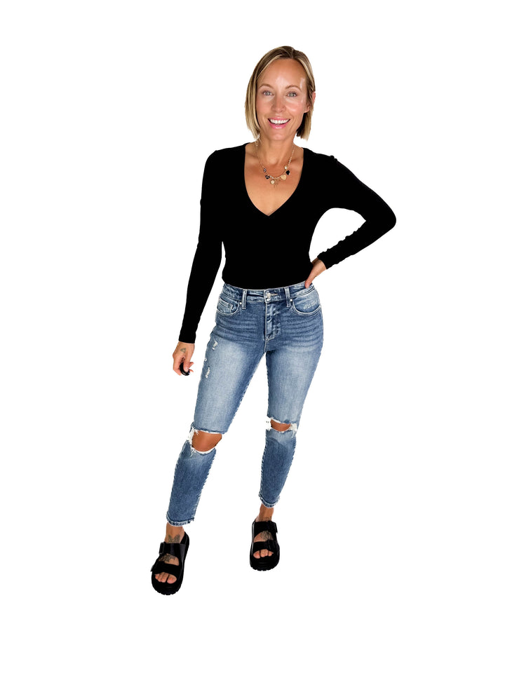 Nicole Surplice Long Sleeve Bodysuit- BLACK-FINAL SALE