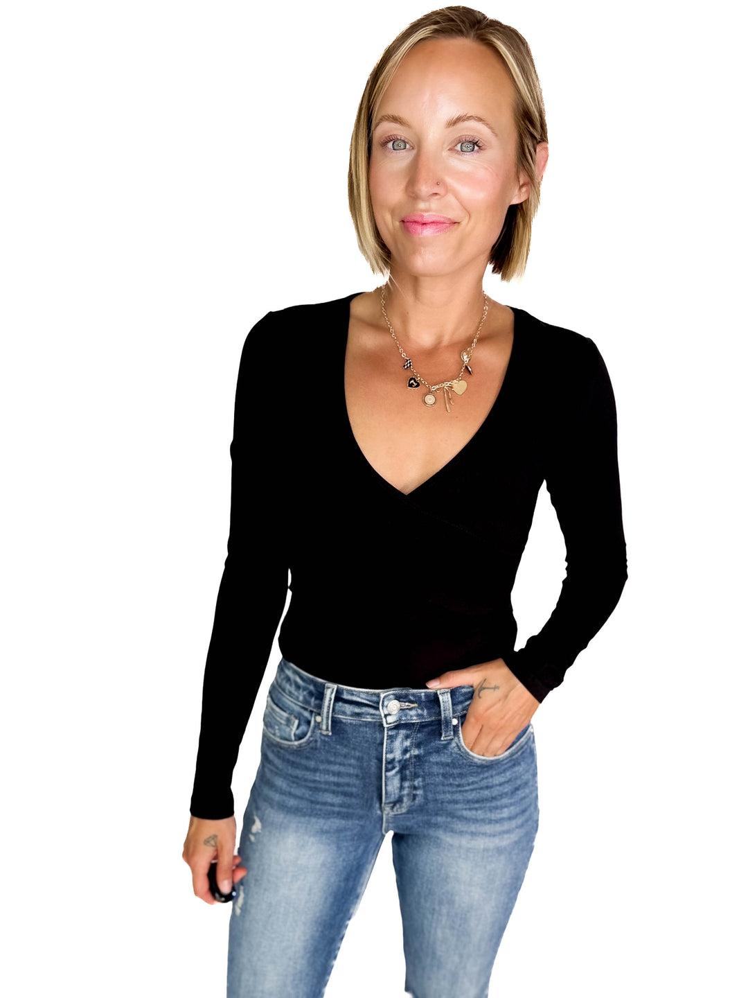 Nicole Surplice Long Sleeve Bodysuit- BLACK-FINAL SALE