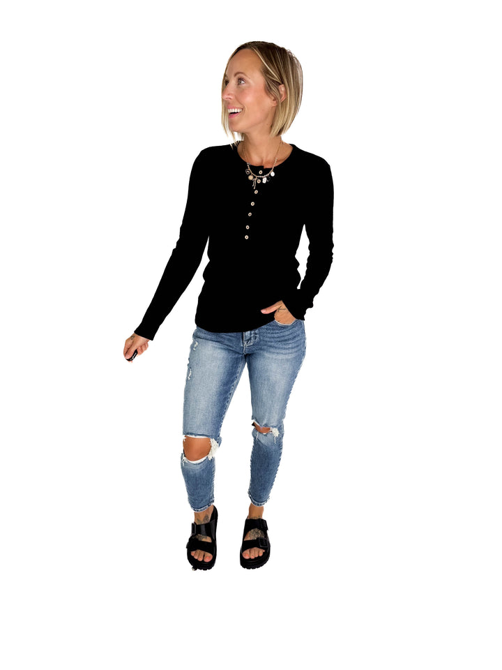 Rhonda Ribbed Long Sleeve Button Down Top- BLACK-FINAL SALE