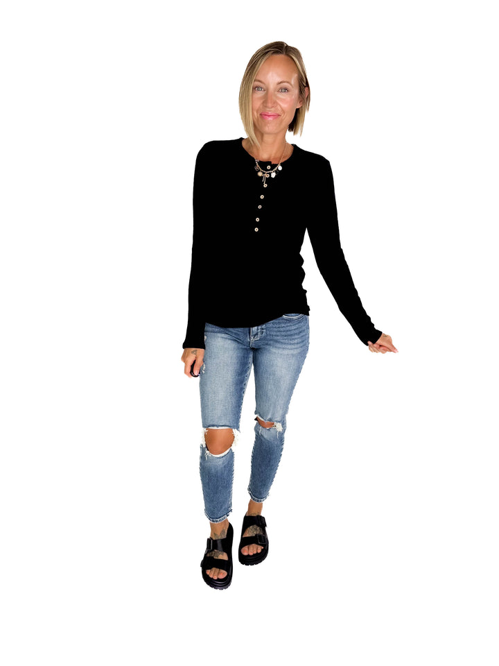 Rhonda Ribbed Long Sleeve Button Down Top- BLACK-FINAL SALE