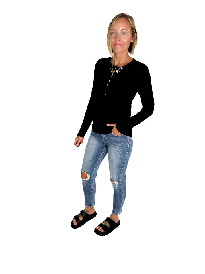 Rhonda Ribbed Long Sleeve Button Down Top- BLACK-FINAL SALE