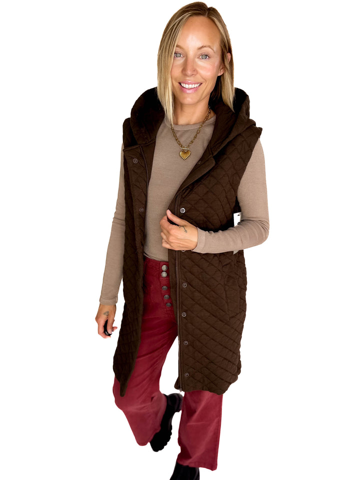 MONO B Solana Longline Quilted Vest- ESPRESSO-FINAL SALE