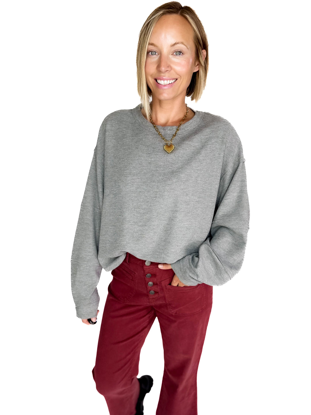 Alessia Waffle Long Sleeve- HTHR GREY-FINAL SALE