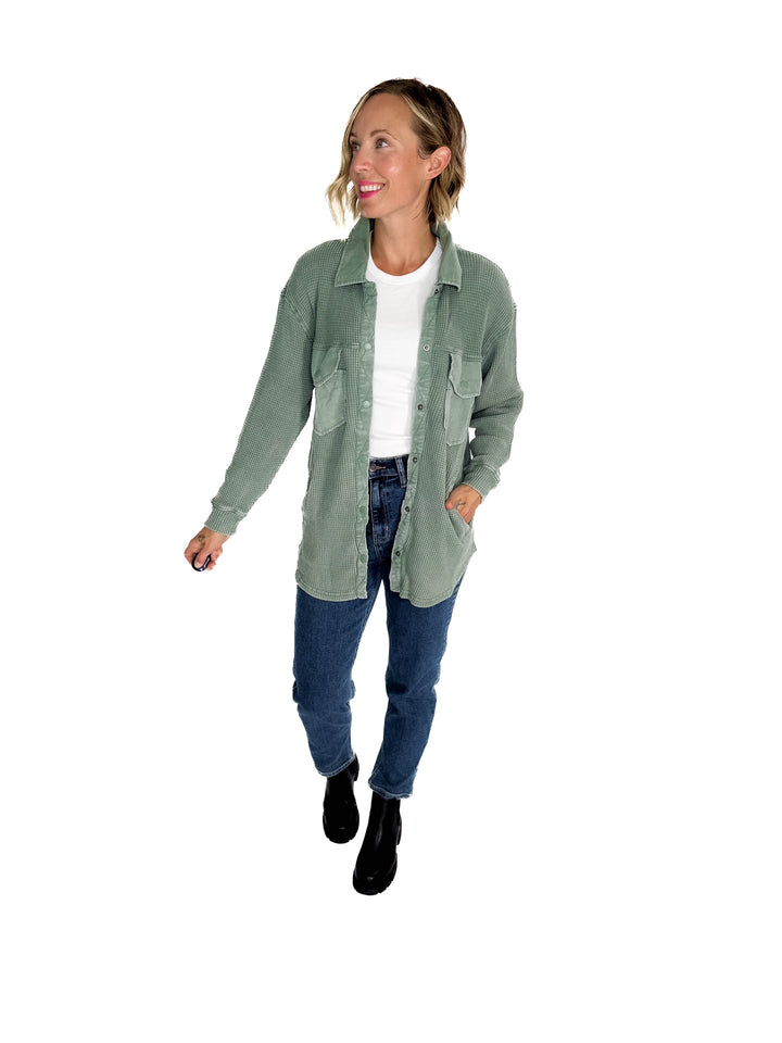 Mono B Marcia Waffle Knit Washed Button Down Jacket- SILKY PINE-FINAL SALE