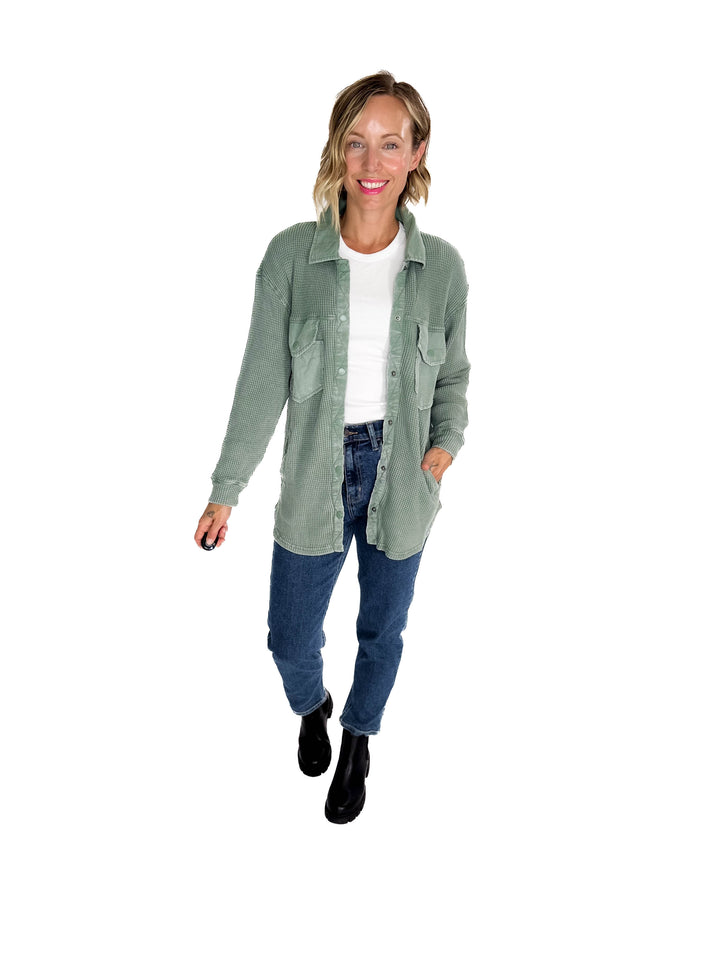 Mono B Marcia Waffle Knit Washed Button Down Jacket- SILKY PINE-FINAL SALE
