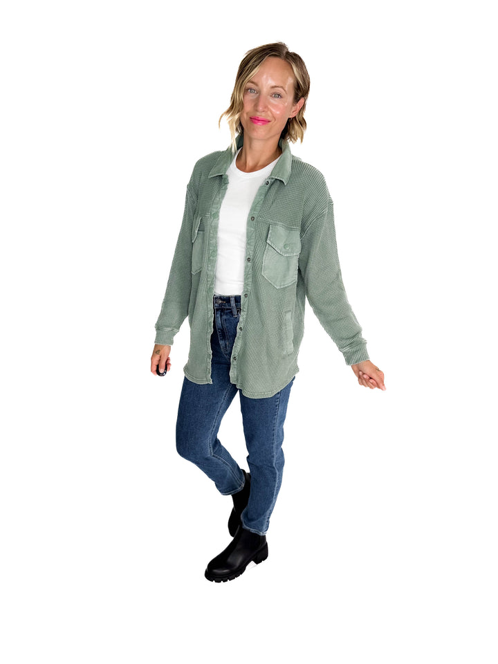 Mono B Marcia Waffle Knit Washed Button Down Jacket- SILKY PINE-FINAL SALE