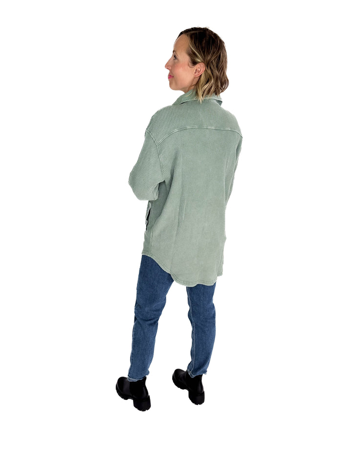 Mono B Marcia Waffle Knit Washed Button Down Jacket- SILKY PINE-FINAL SALE