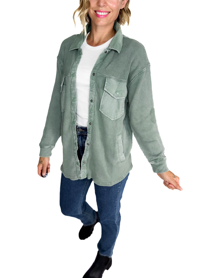Mono B Marcia Waffle Knit Washed Button Down Jacket- SILKY PINE-FINAL SALE