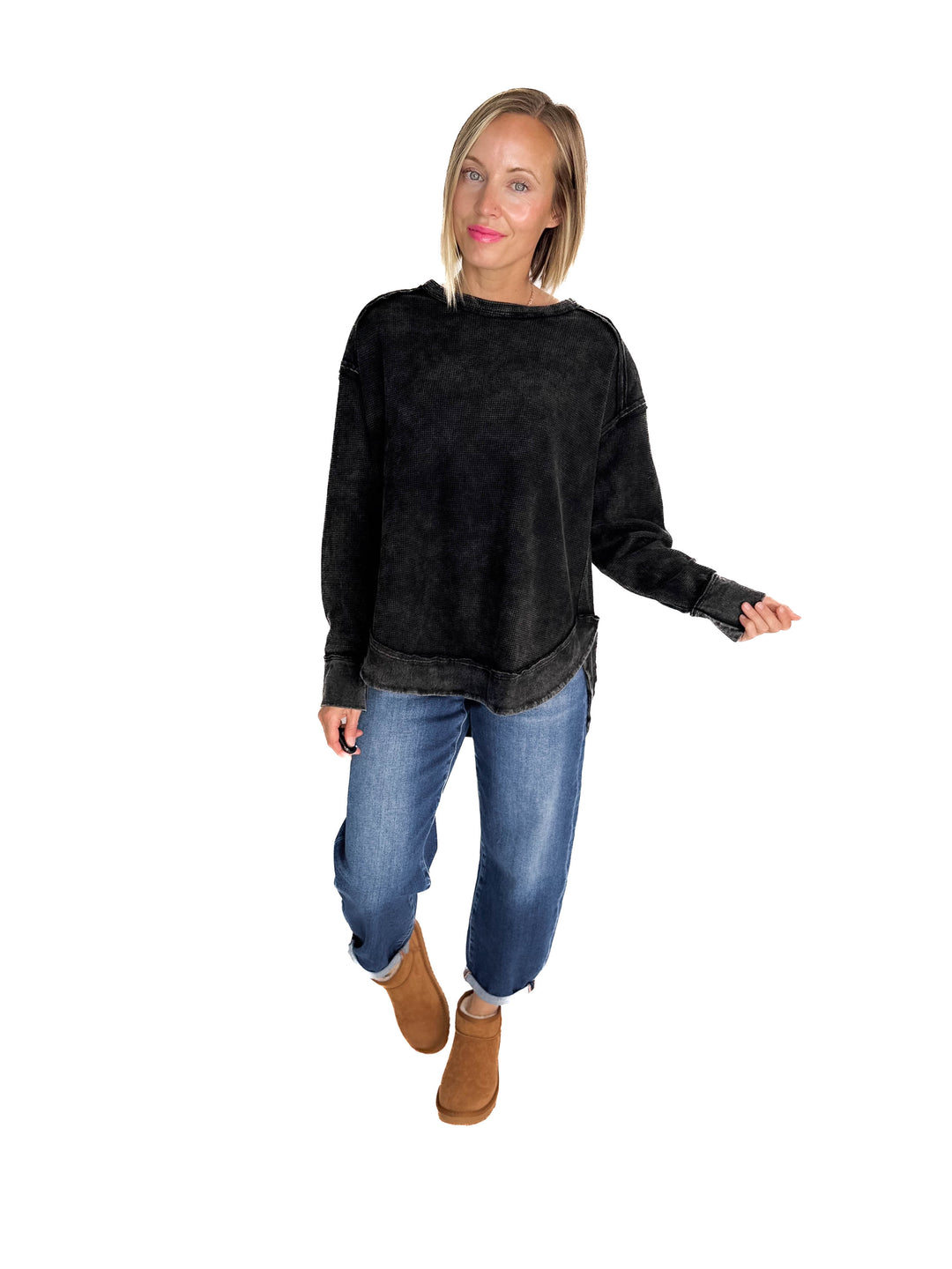 Jenna Long Sleeve Waffle Pullover- BLACK