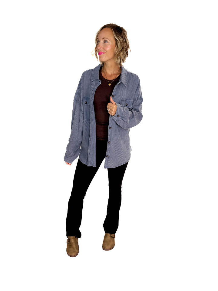 Ivy Waffle Shacket- DUSTY NAVY-FINAL SALE