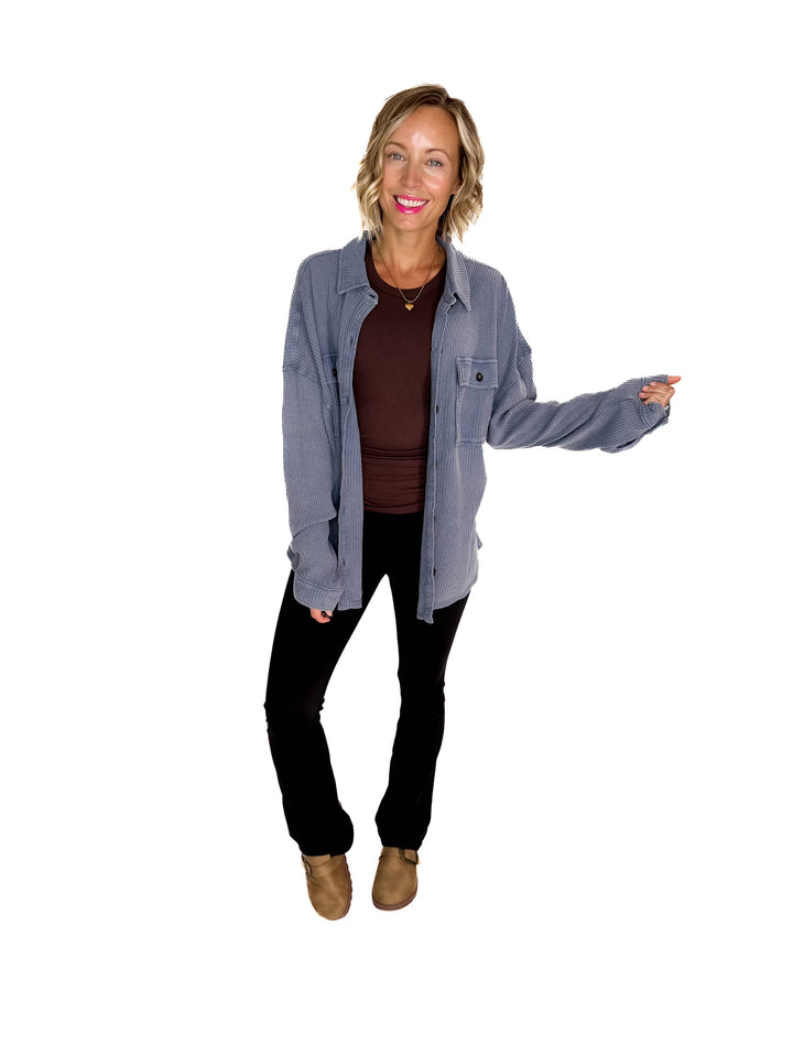 Ivy Waffle Shacket- DUSTY NAVY-FINAL SALE