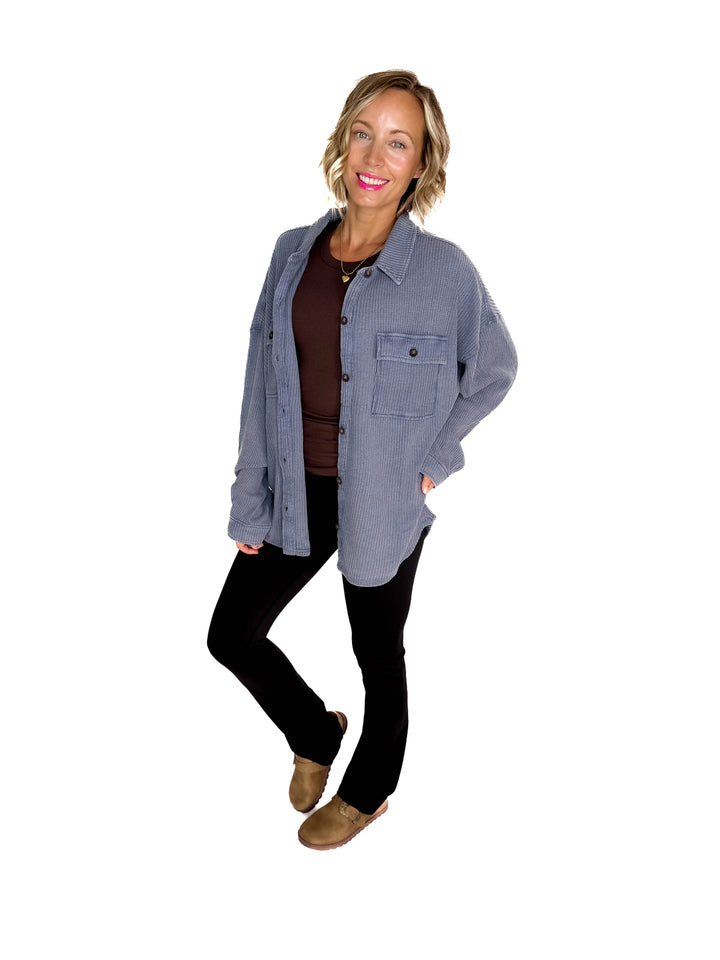 Ivy Waffle Shacket- DUSTY NAVY-FINAL SALE