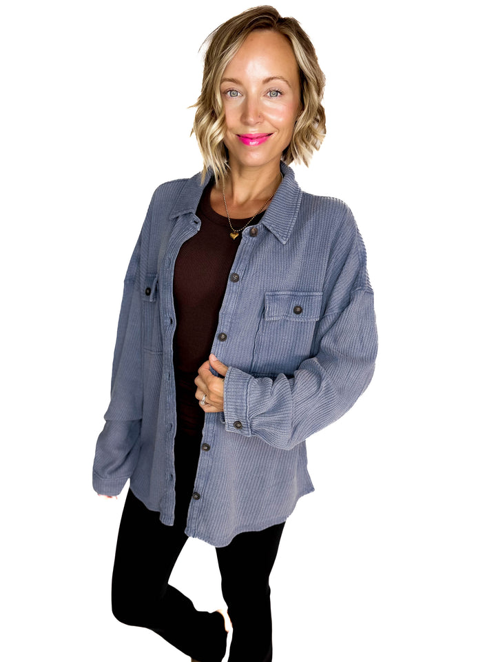 Ivy Waffle Shacket- DUSTY NAVY-FINAL SALE