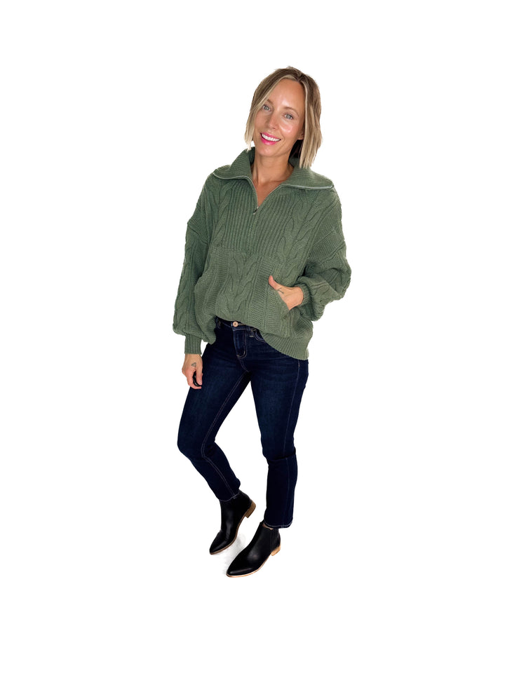 Kiki Cable Knit 1/2 Zip Sweater- SAGE