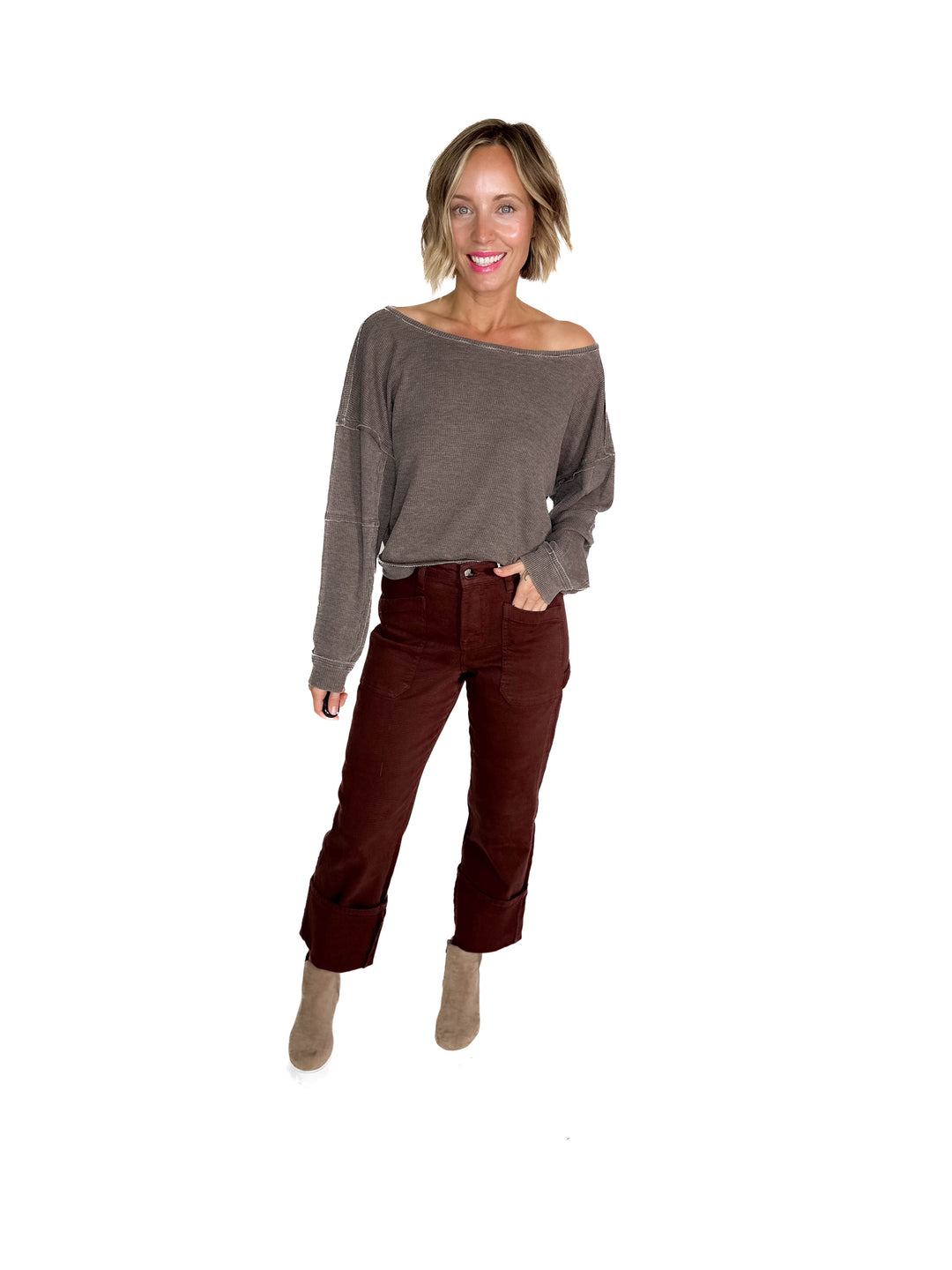 MONO B Aris Waffle Boat Neck Pullover- ESPRESSO
