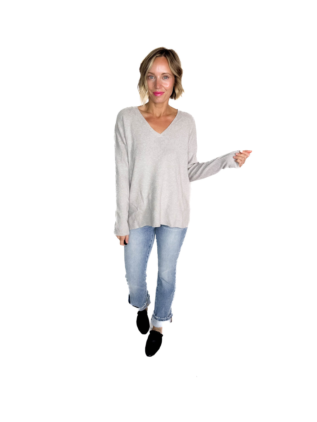 Jillian Knit V-Neck Drop Shoulder Sweater- HEATHER GREY