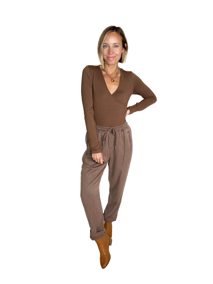 Nicole Surplice Long Sleeve Bodysuit- CHESTNUT-FINAL SALE