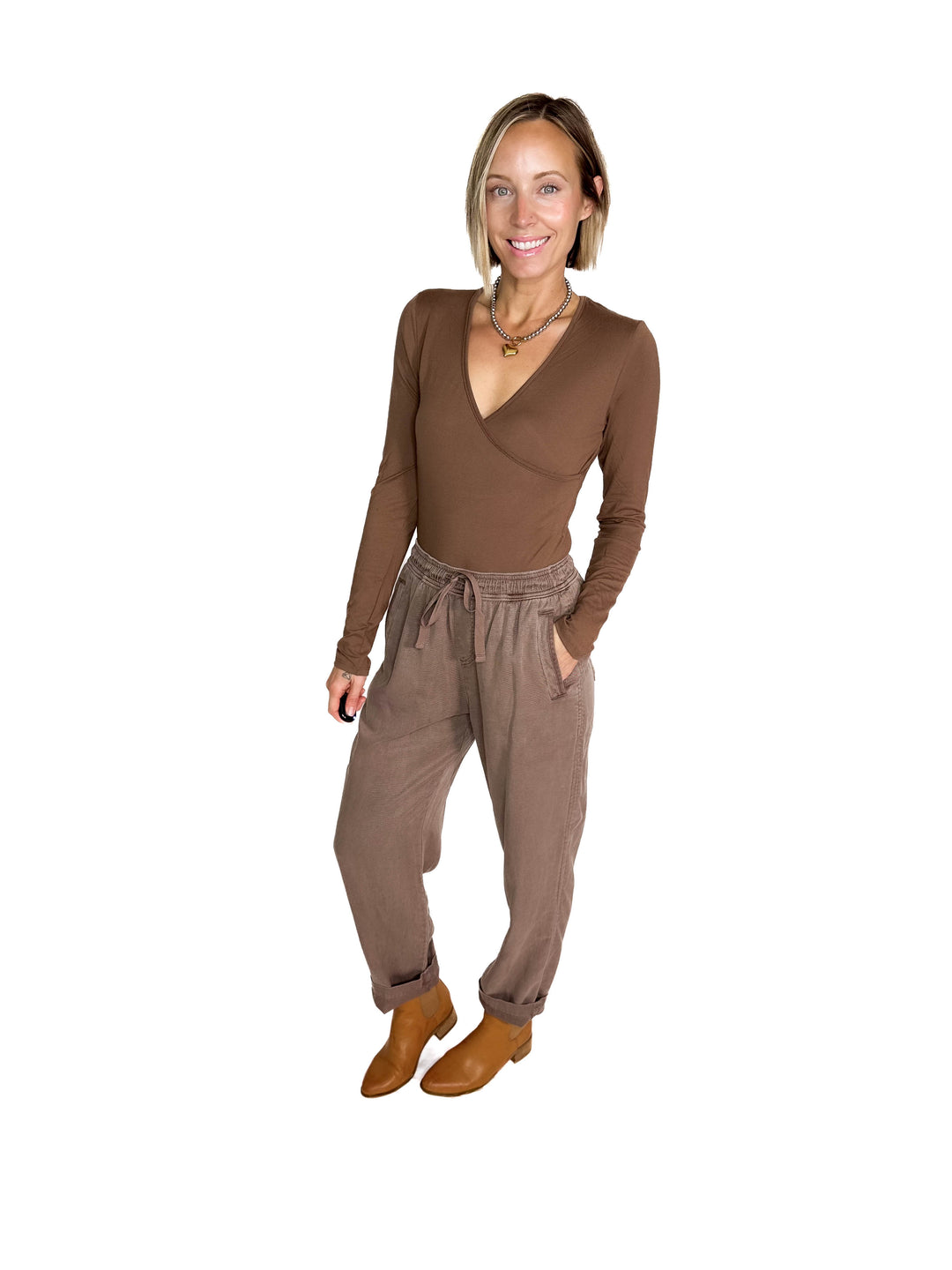 Nicole Surplice Long Sleeve Bodysuit- CHESTNUT-FINAL SALE