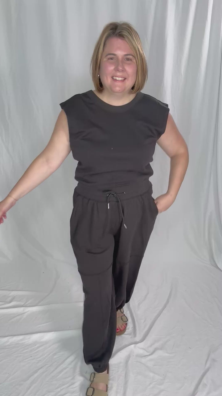 Lisa Drawstring Waist Knit Active Jumpsuit- ASH-FINAL SALE