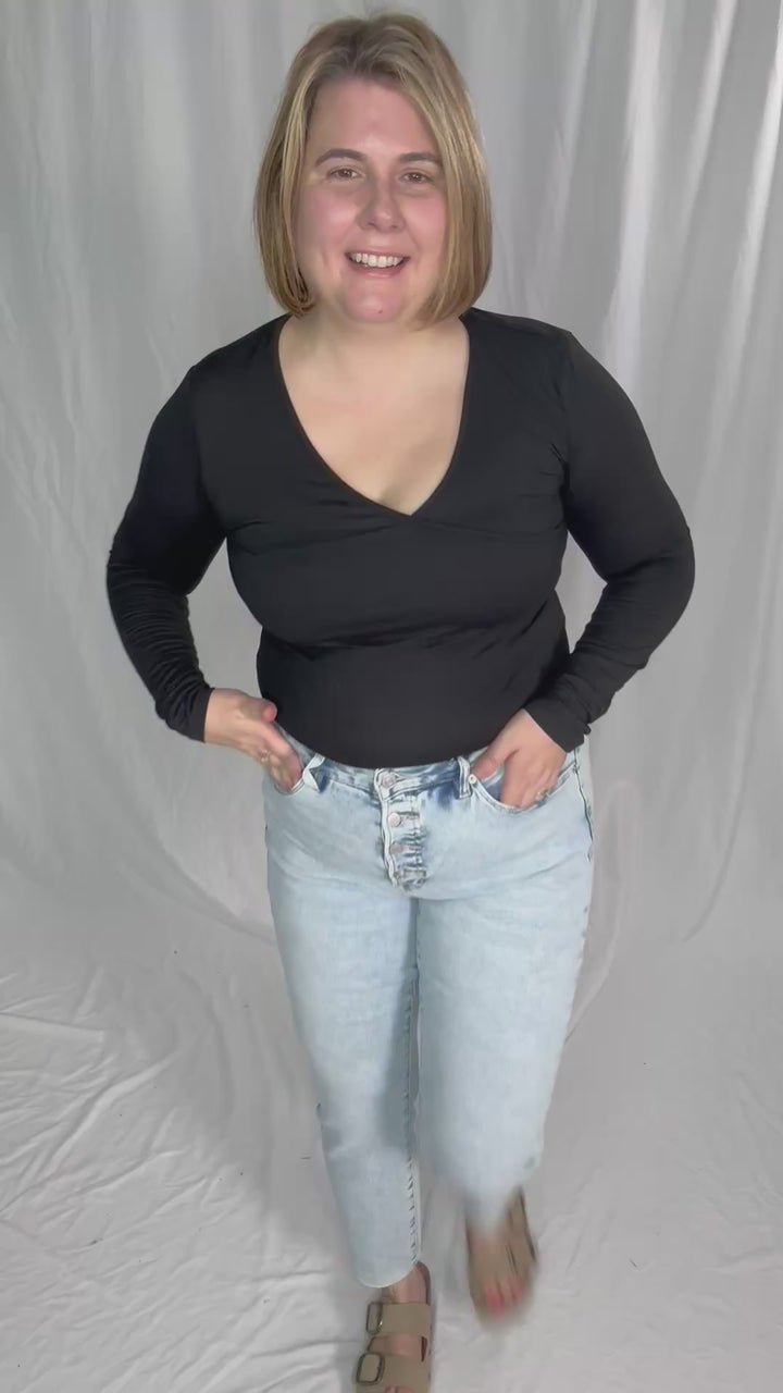 Nicole Surplice Long Sleeve Bodysuit- BLACK-FINAL SALE