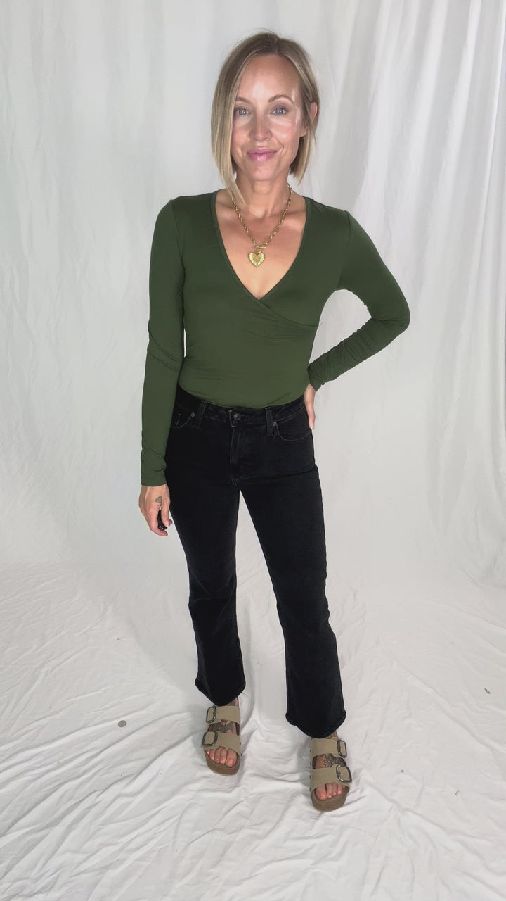Nicole Surplice Long Sleeve Bodysuit- FOREST GREEN-FINAL SALE