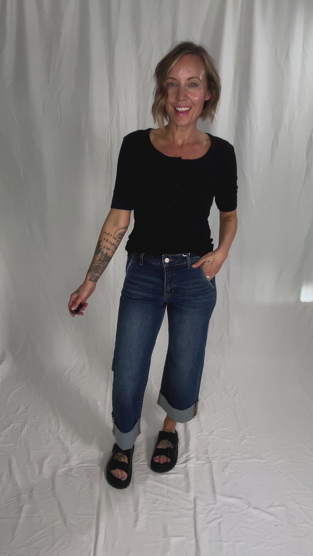 Melissa Ribbed 1/2 Sleeve Henley Top- BLACK-FINAL SALE