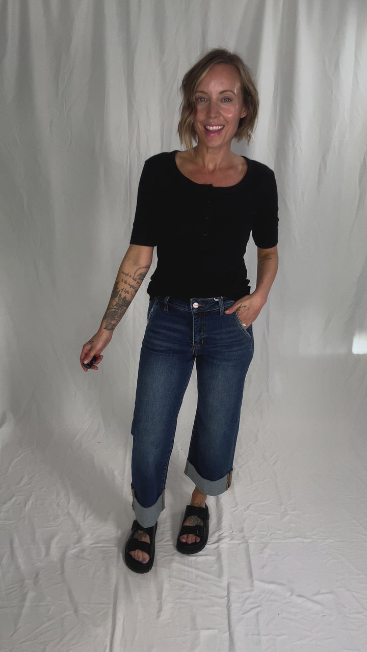 Melissa Ribbed 1/2 Sleeve Henley Top- BLACK-FINAL SALE
