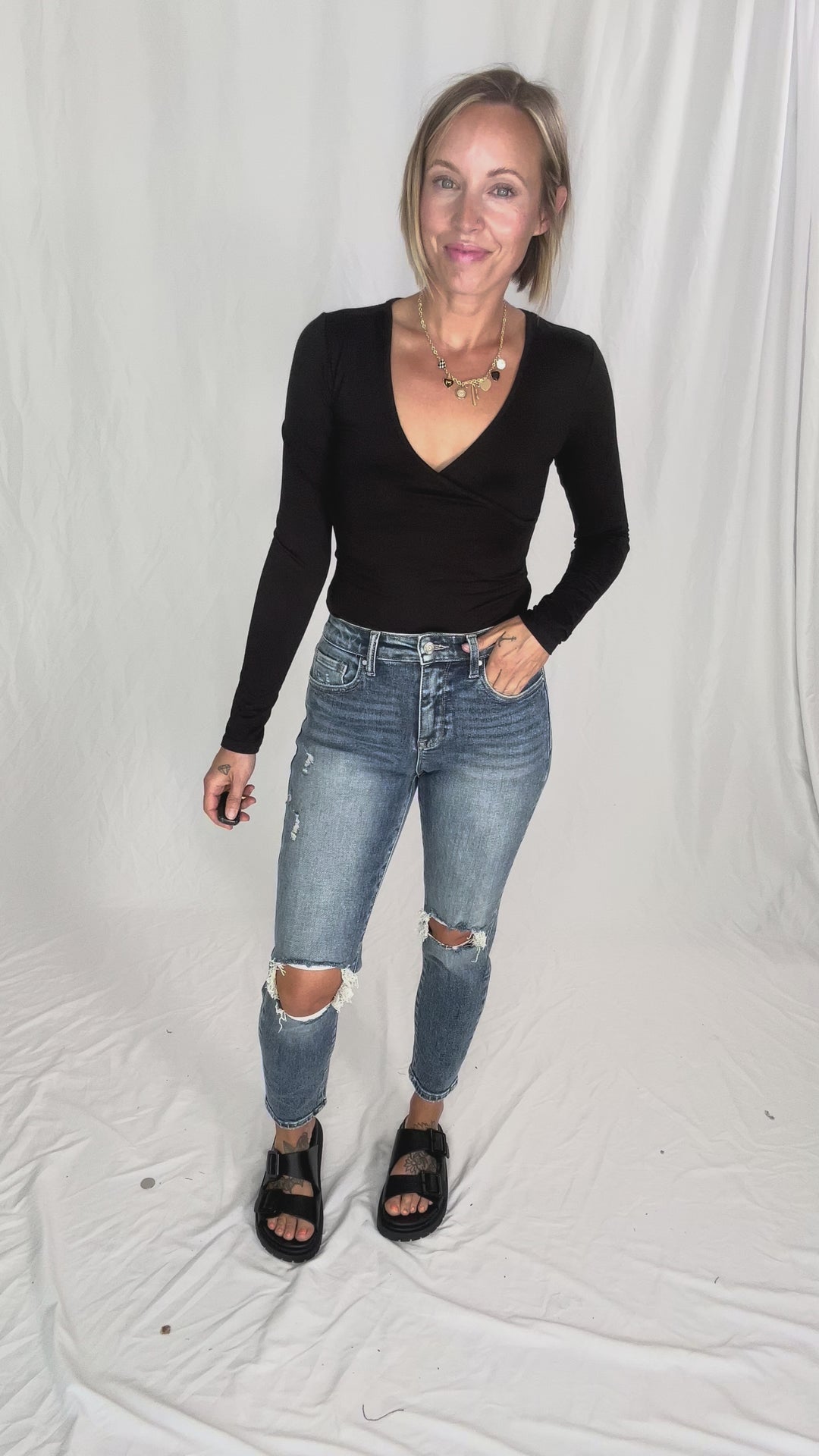 Nicole Surplice Long Sleeve Bodysuit- BLACK-FINAL SALE
