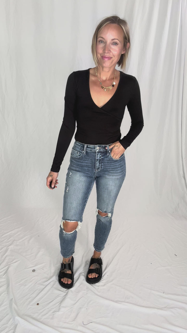 Nicole Surplice Long Sleeve Bodysuit- BLACK-FINAL SALE