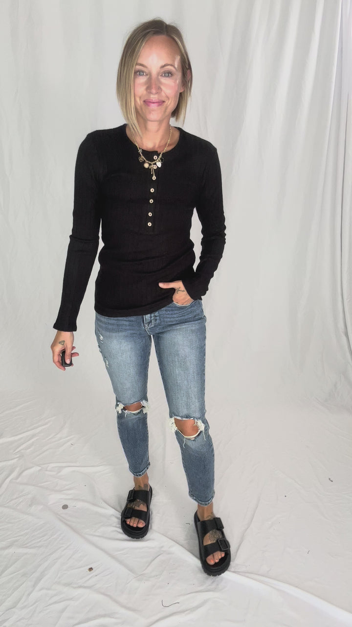 Rhonda Ribbed Long Sleeve Button Down Top- BLACK-FINAL SALE