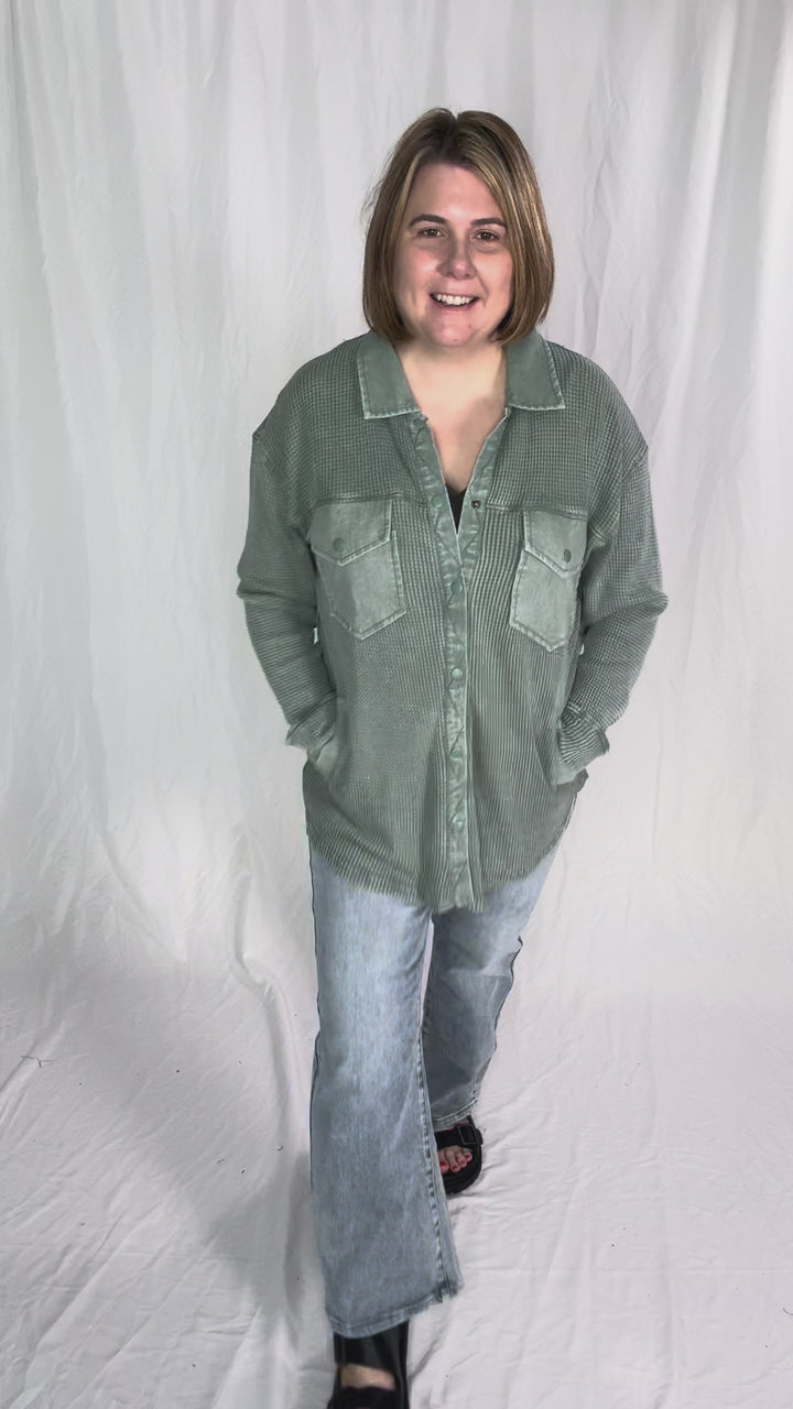 Mono B Marcia Waffle Knit Washed Button Down Jacket- SILKY PINE-FINAL SALE