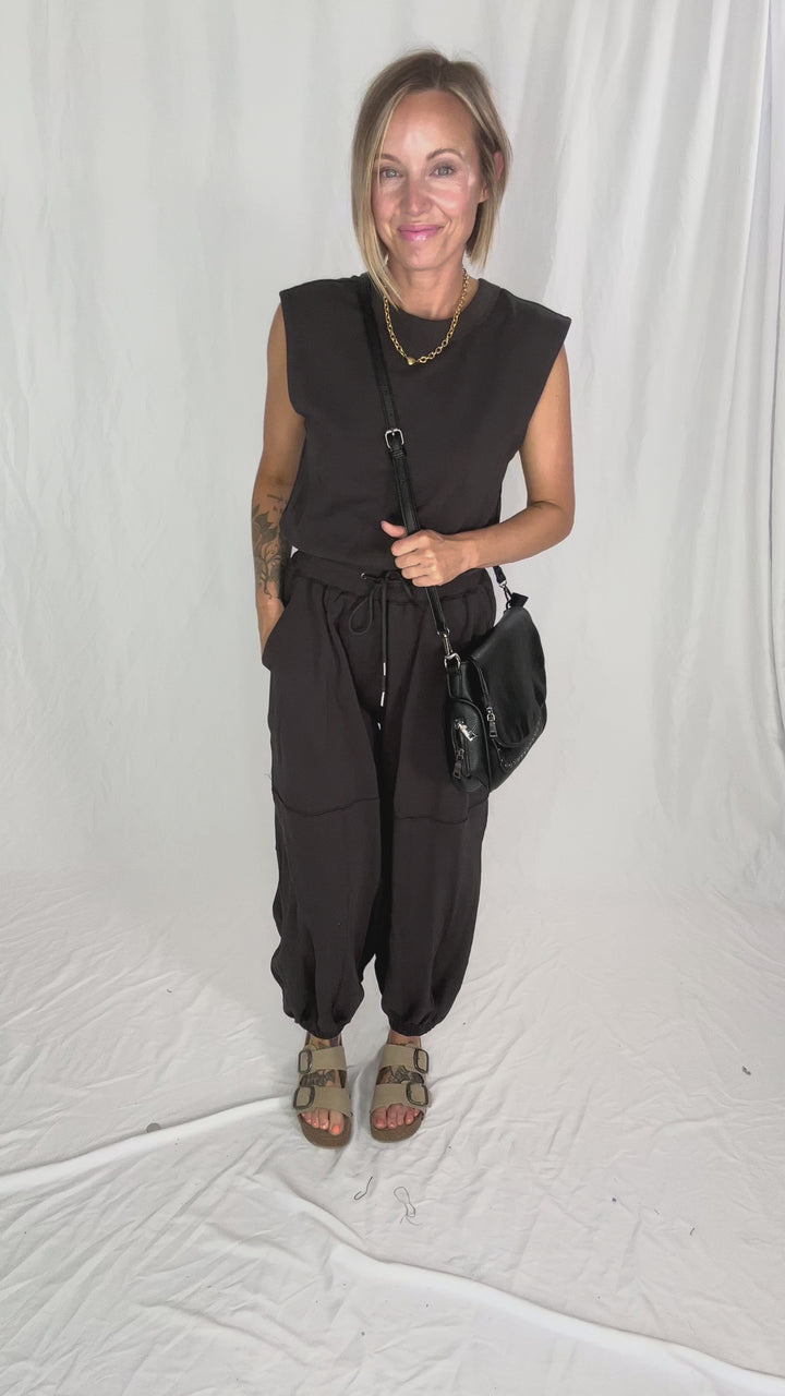Lisa Drawstring Waist Knit Active Jumpsuit- ASH-FINAL SALE