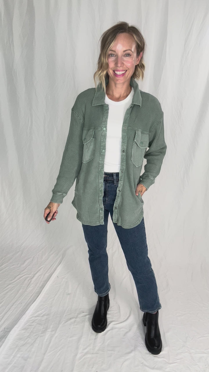 Mono B Marcia Waffle Knit Washed Button Down Jacket- SILKY PINE-FINAL SALE