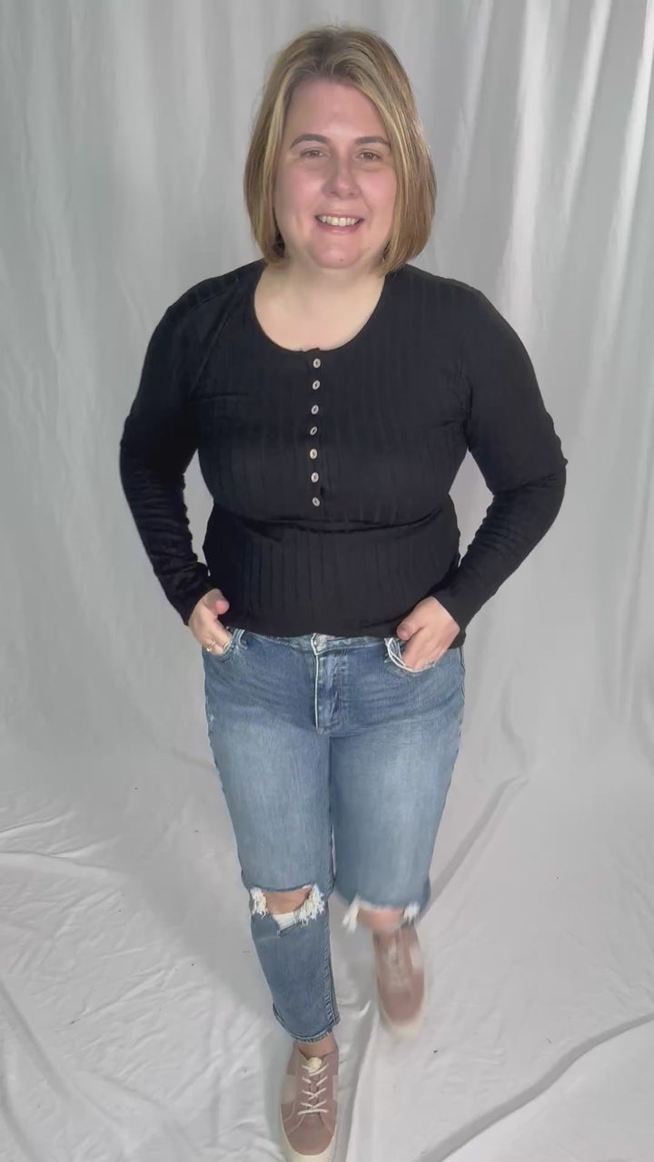 Rhonda Ribbed Long Sleeve Button Down Top- BLACK-FINAL SALE