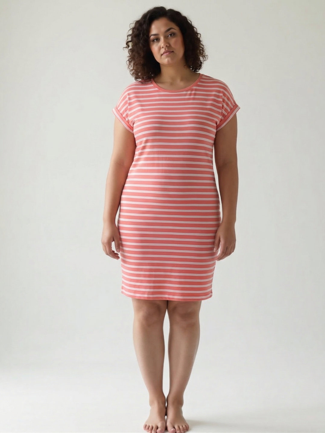 ONLY Bloom Cuffed Sleeve Cotton Dress- CORAL STRIPE-FINAL SALE