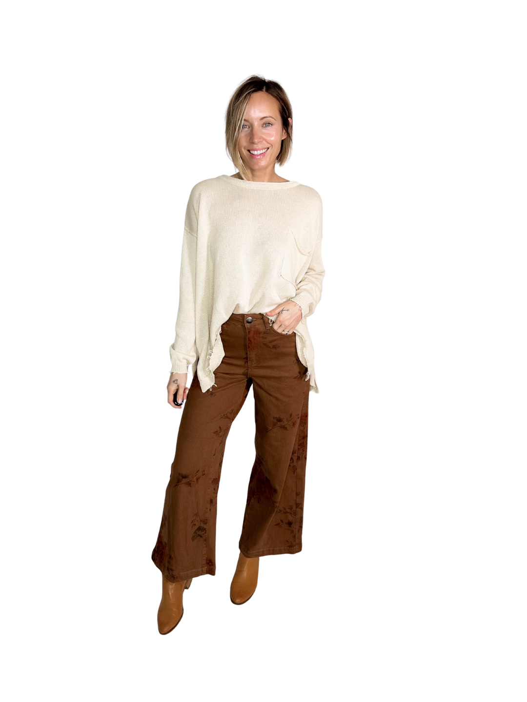 Drift Flower Print Wide Leg Pant- MOCHA