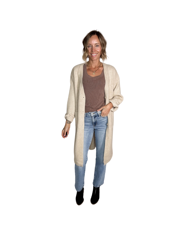 Everly Long Line Button Cardigan- BEIGE