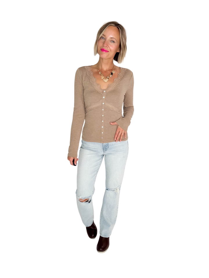Darla Lace Trim Detail Long Sleeve Rib Top- MOCHA-FINAL SALE