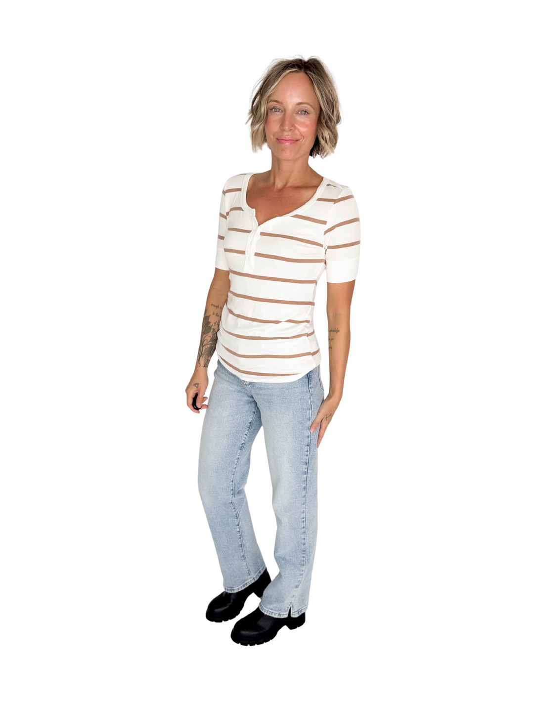 Chleo Classic Ribbed Striped Henley 1/2 Sleeve- CARAMEL-FINAL SALE