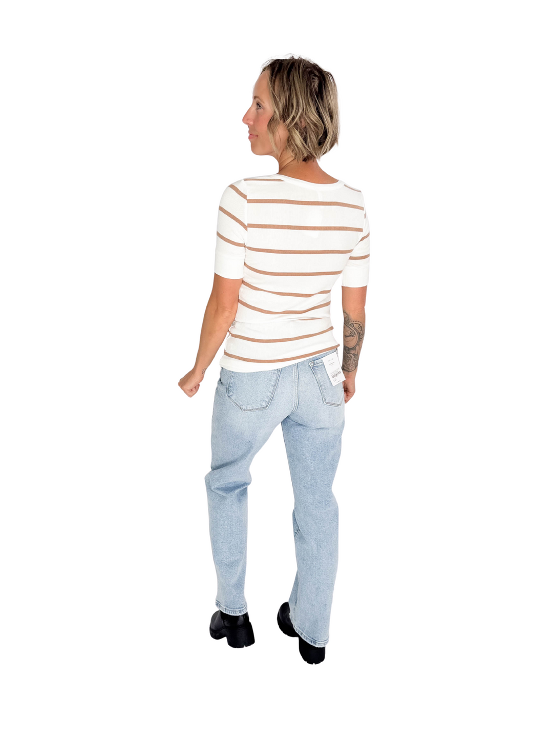Chleo Classic Ribbed Striped Henley 1/2 Sleeve- CARAMEL-FINAL SALE