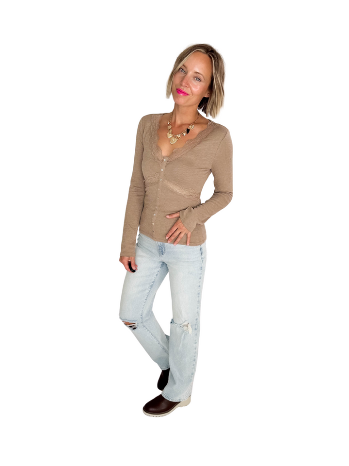 Darla Lace Trim Detail Long Sleeve Rib Top- MOCHA-FINAL SALE