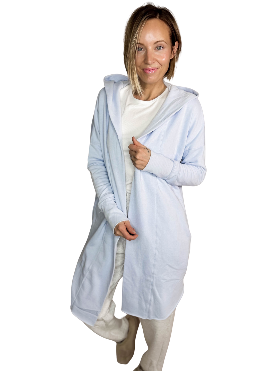MONO B Whistler Longline Hoodie Cardigan- PALE BLUE