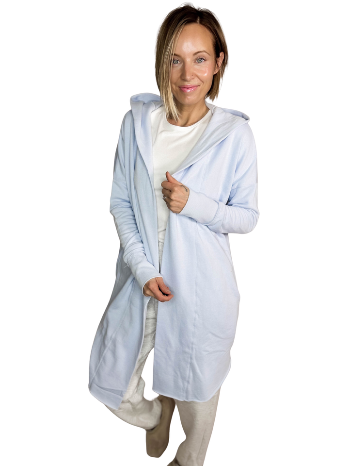 MONO B Whistler Longline Hoodie Cardigan- PALE BLUE