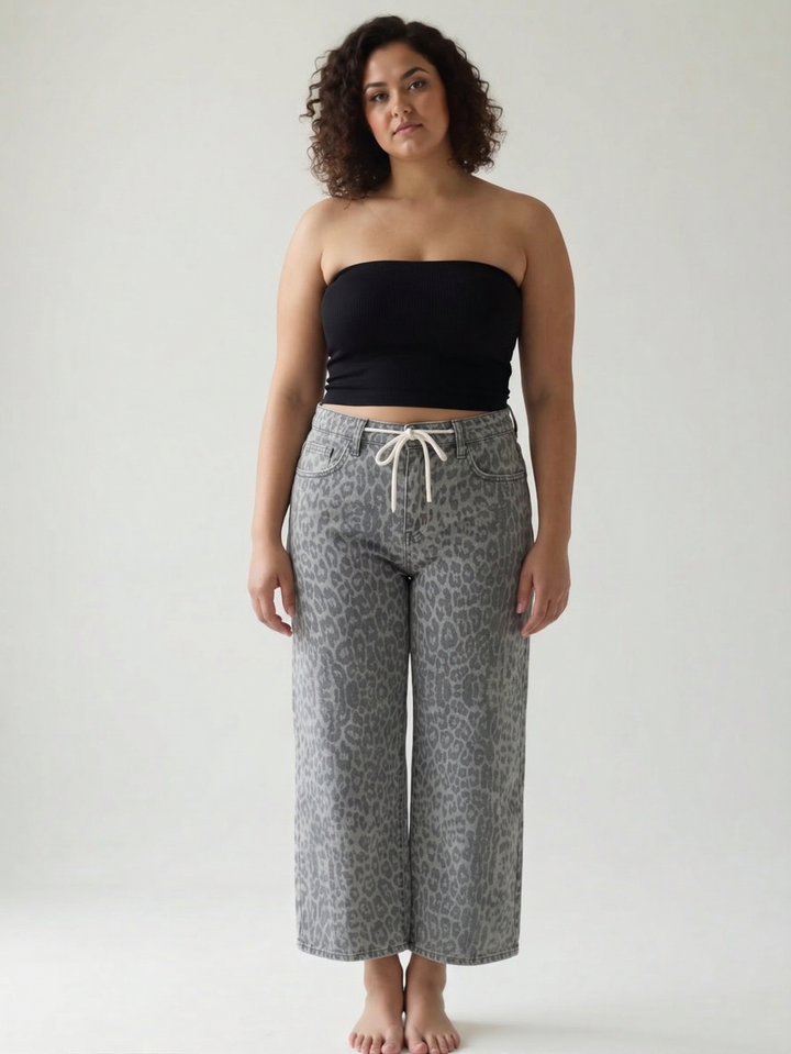 Vervet Dottie High Rise Leopard Print Barrel Jeans- GREY LEOPARD